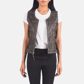 Vanda Brown Leather Biker Vests