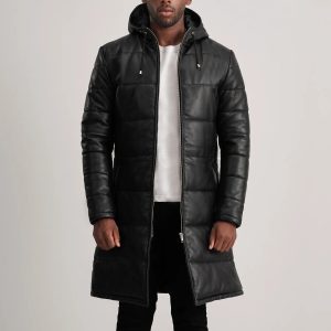 Floyd Black Hooded Leather Puffer Coats