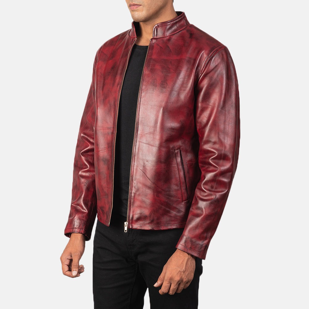 Alex Distressed Burgundy Leather Biker Jacket - Image 2