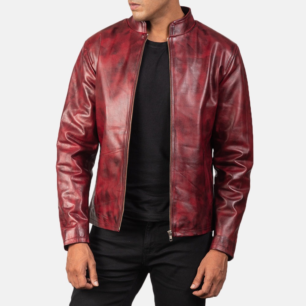 Alex Distressed Burgundy Leather Biker Jacket - Image 4