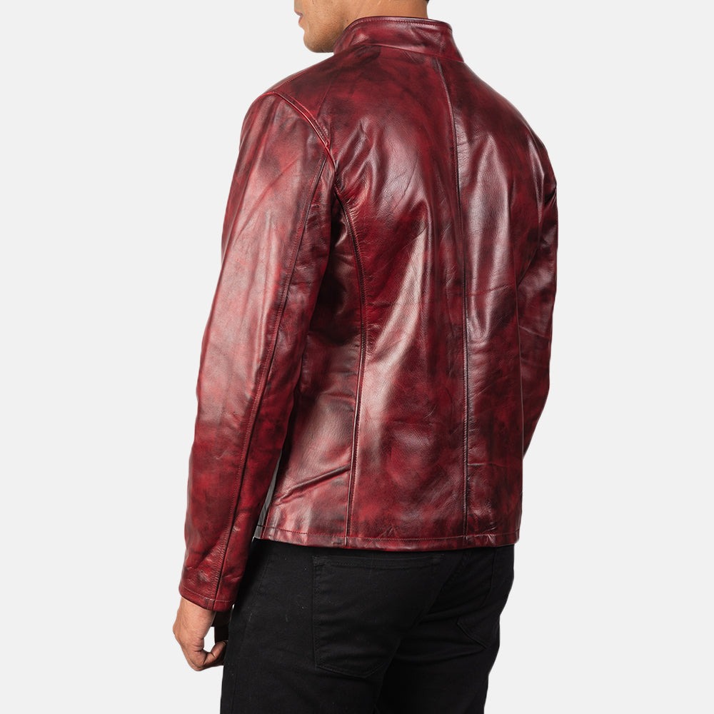 Alex Distressed Burgundy Leather Biker Jacket - Image 3