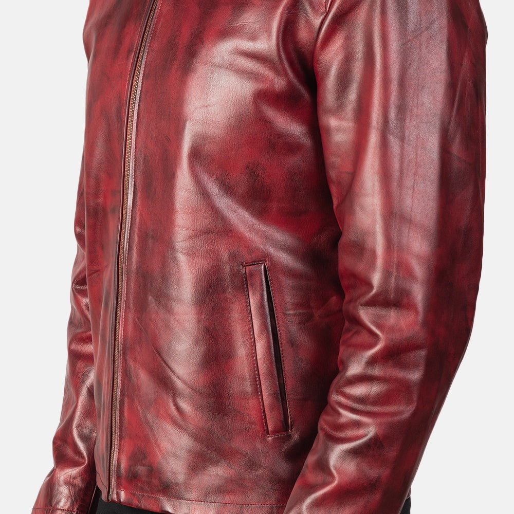 Alex Distressed Burgundy Leather Biker Jacket - Image 6