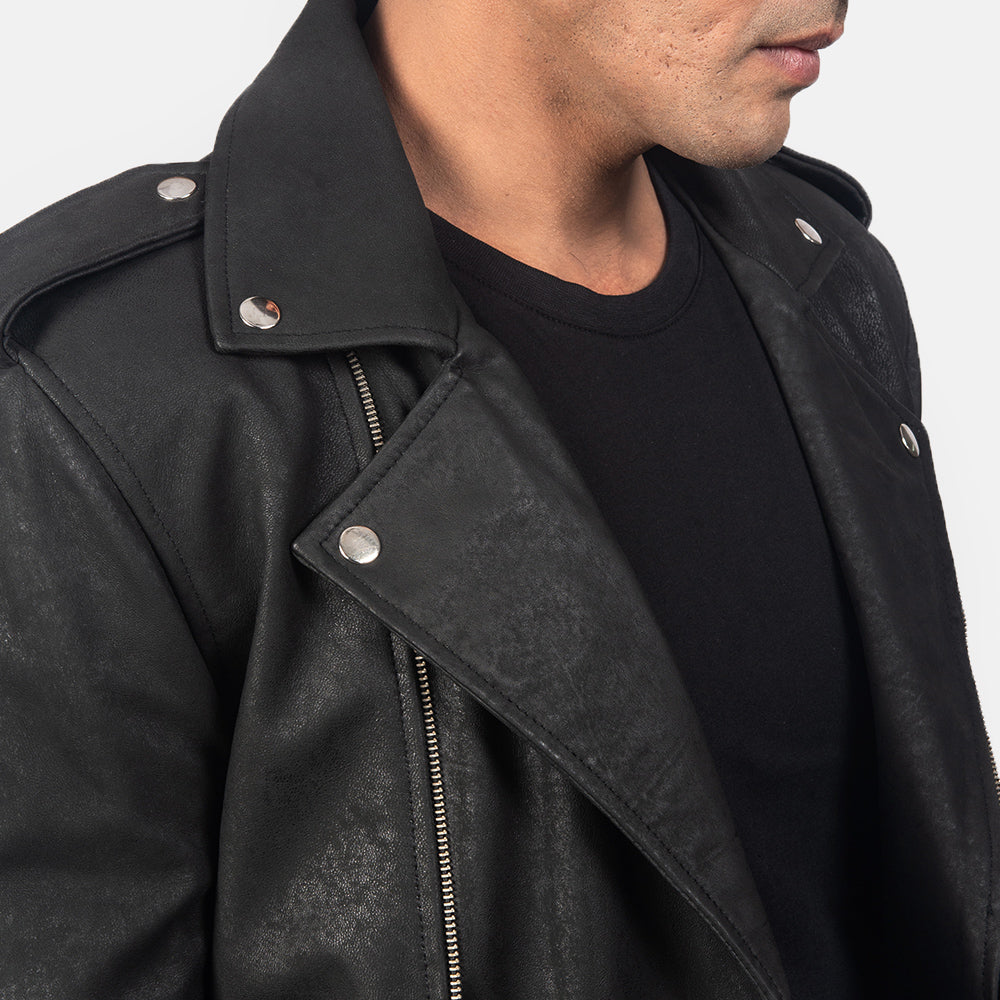 Allaric Alley Distressed Black Leather Biker Jacket - Image 6
