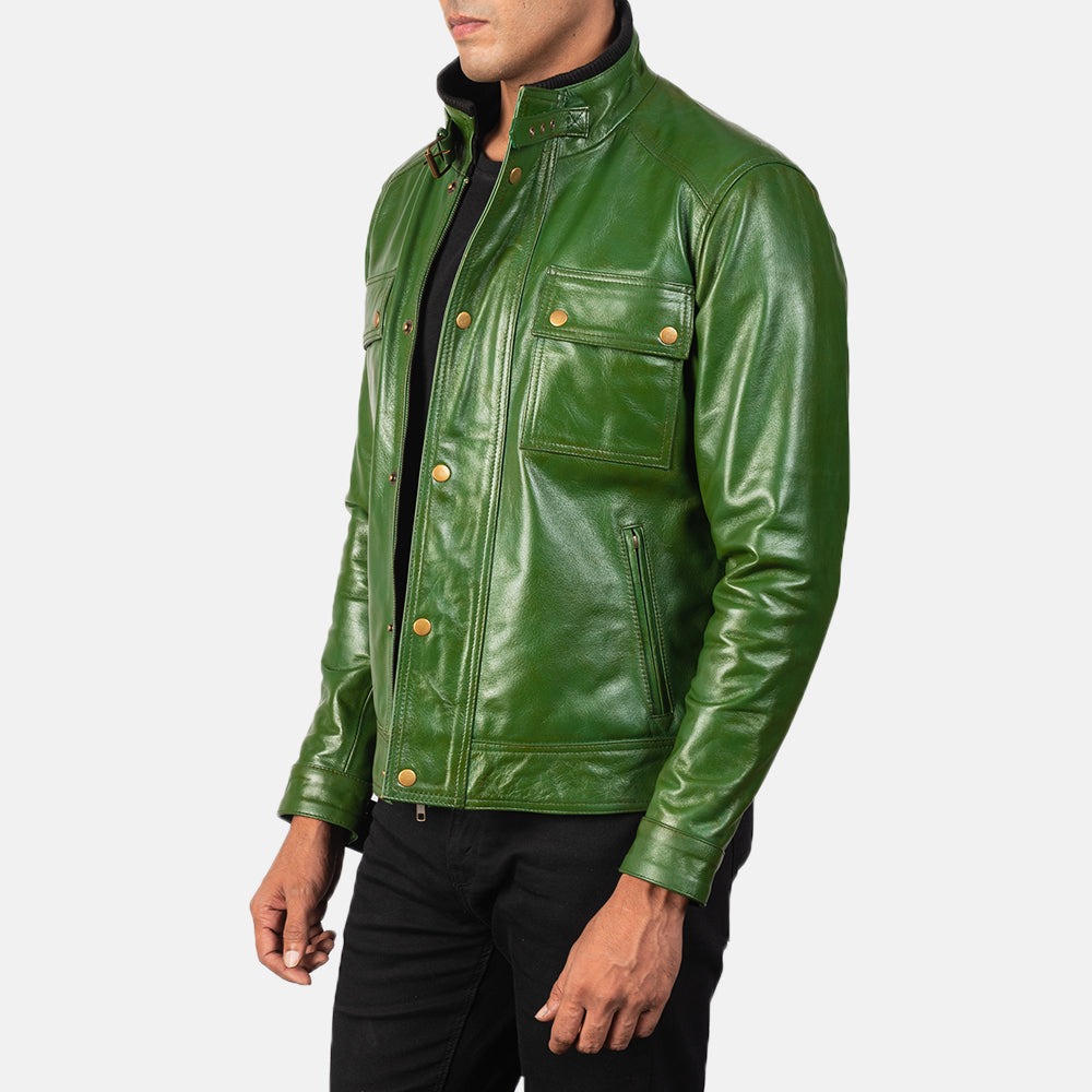 Darren Distressed Green Leather Biker Jackets - Image 2