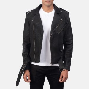 Furton Distressed Black Leather Biker Jackets