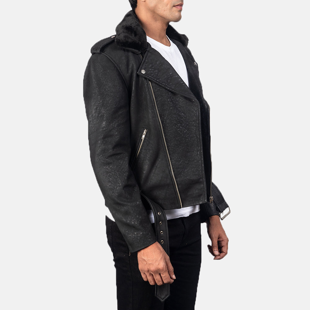 Furton Distressed Black Leather Biker Jackets - Image 5
