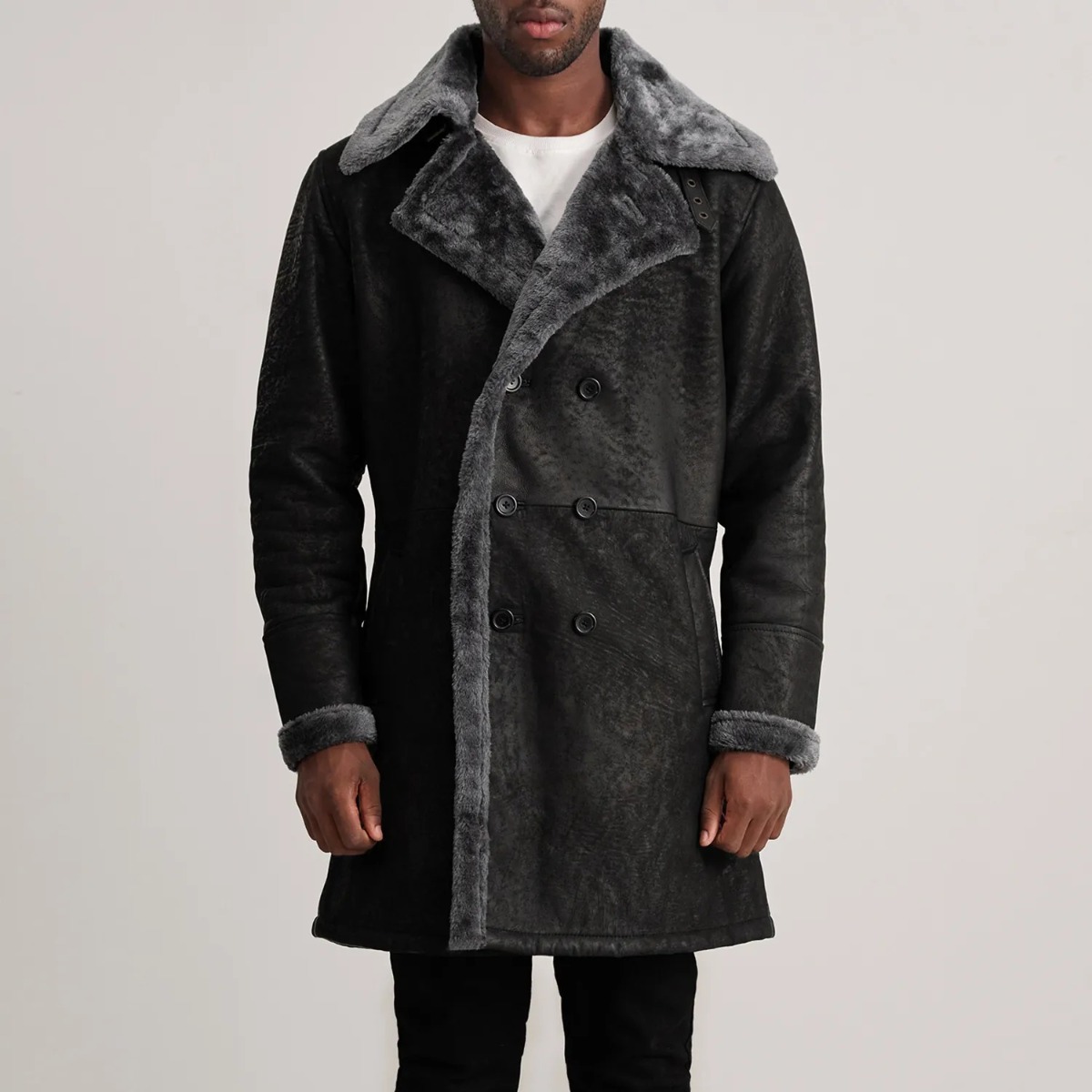 Charles Distressed Black Leather Shearling Double-Breasted Coat - Image 5