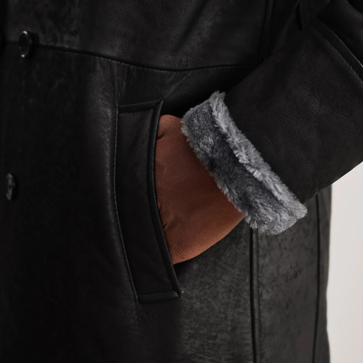 Charles Distressed Black Leather Shearling Double-Breasted Coat - Image 6