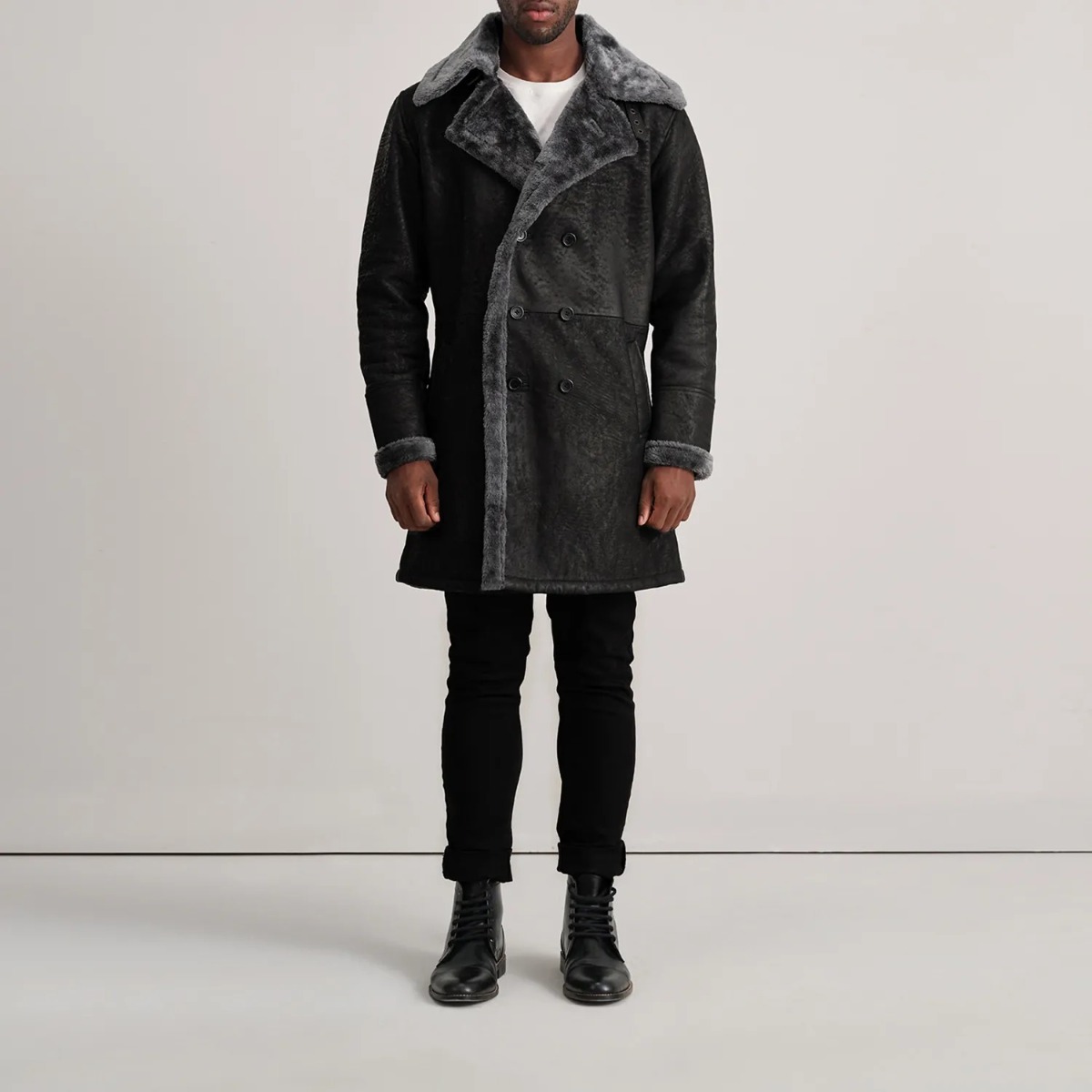 Charles Distressed Black Leather Shearling Double-Breasted Coat - Image 2