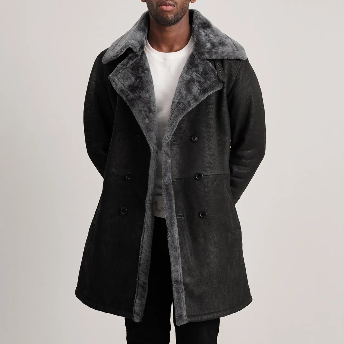 Charles Distressed Black Leather Shearling Double-Breasted Coat