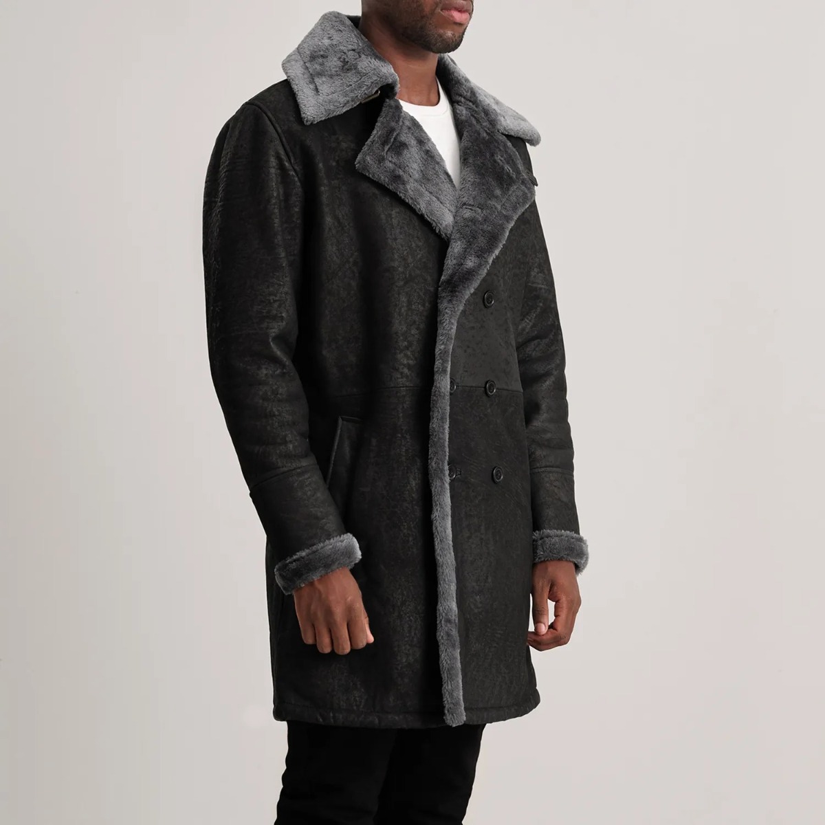 Charles Distressed Black Leather Shearling Double-Breasted Coat - Image 4