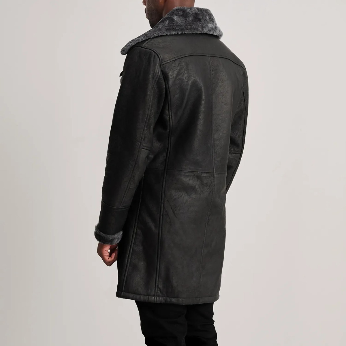 Charles Distressed Black Leather Shearling Double-Breasted Coat - Image 3