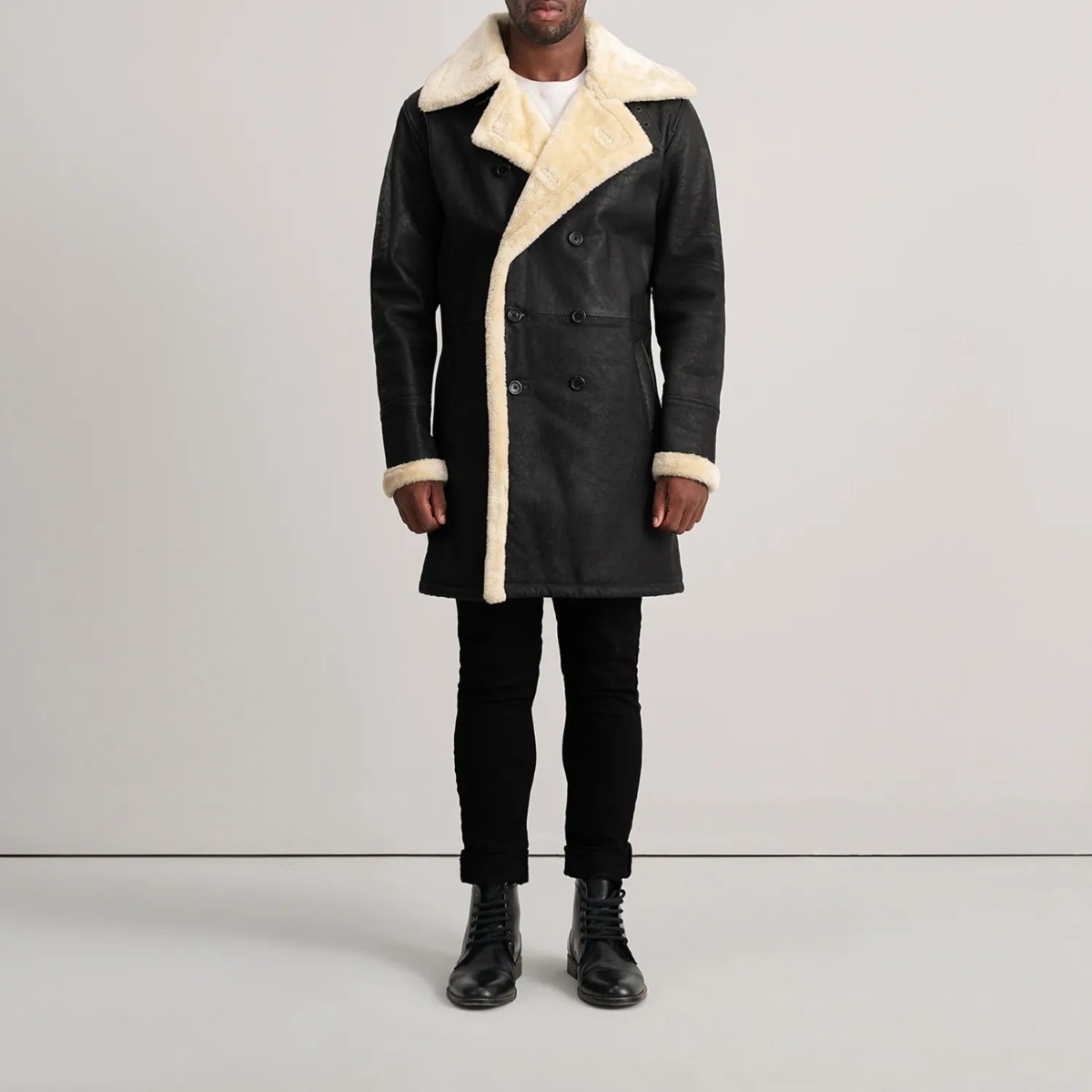 Charles Tumbled Black Leather Shearling Double-Breasted Coat - Image 4