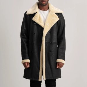 Charles Tumbled Black Leather Shearling Double-Breasted Coat