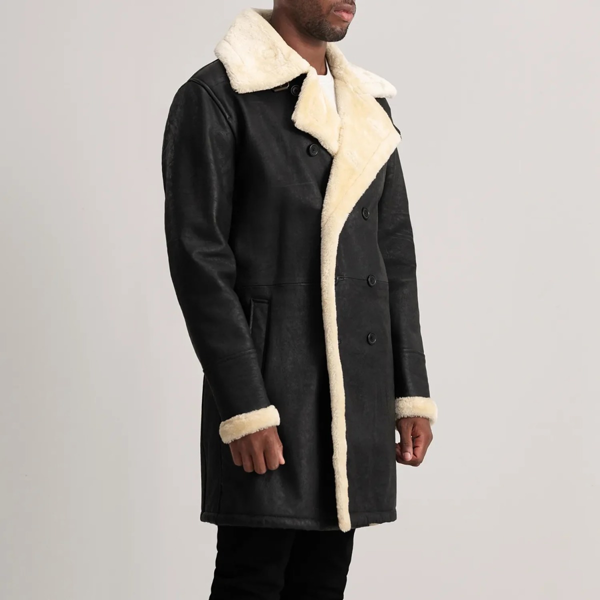 Charles Tumbled Black Leather Shearling Double-Breasted Coat - Image 2