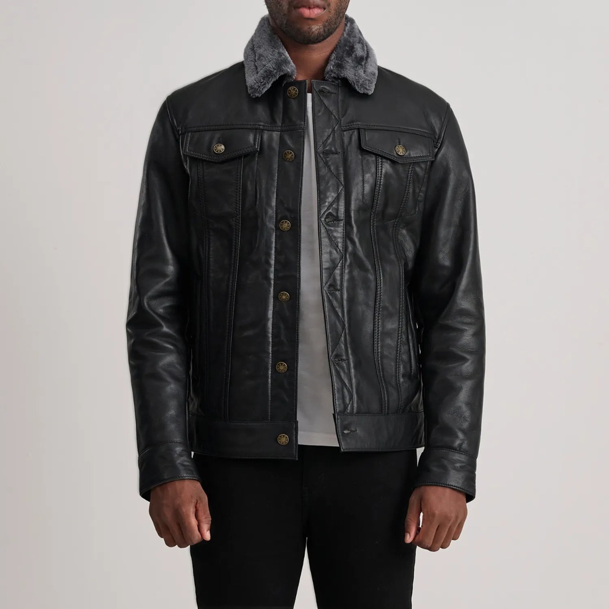 Dallis Black Leather Shearling Trucker Jackets