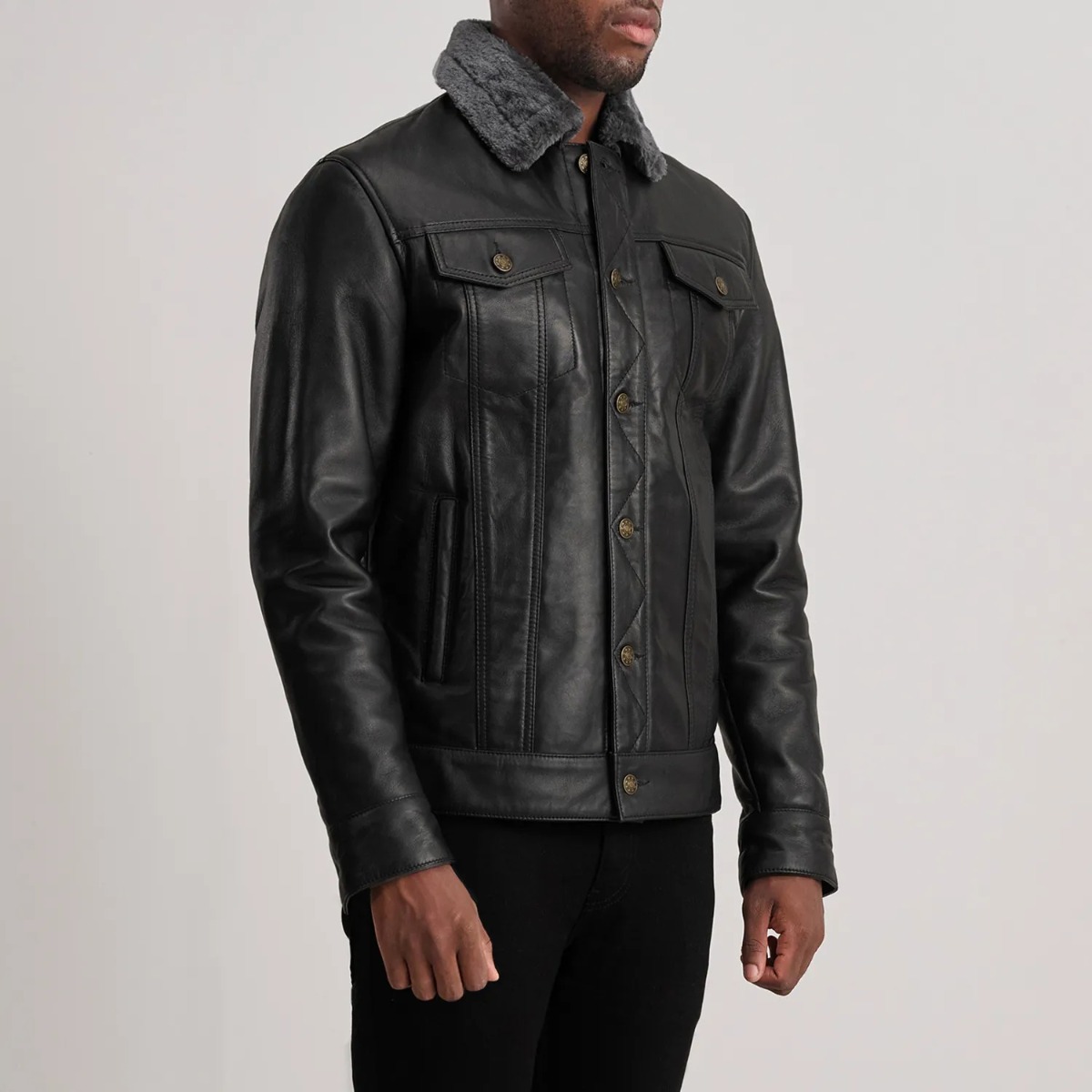 Dallis Black Leather Shearling Trucker Jackets - Image 4