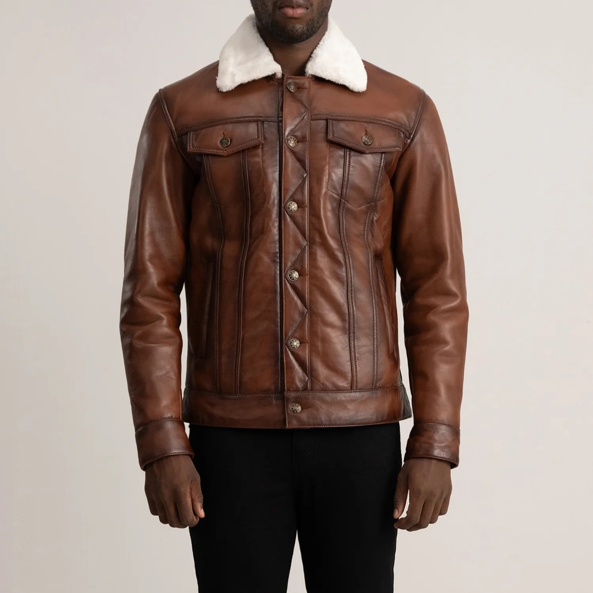 Dallis Brown Leather Shearling Trucker Jacket - Image 4