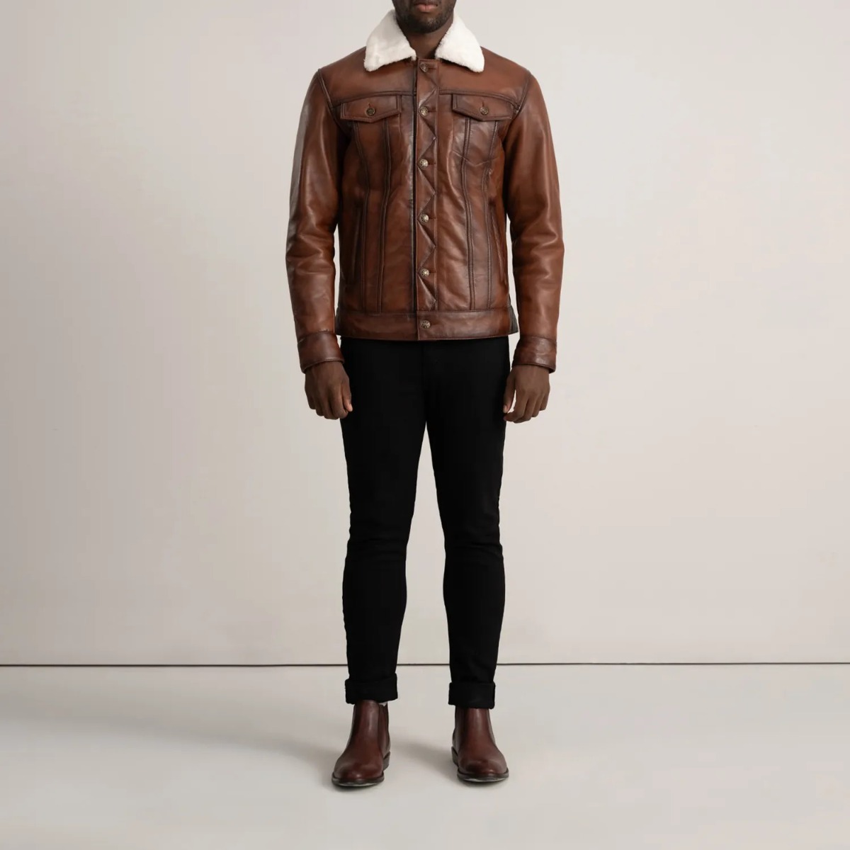 Dallis Brown Leather Shearling Trucker Jacket - Image 2