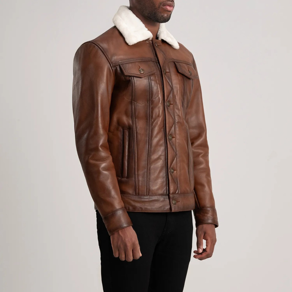 Dallis Brown Leather Shearling Trucker Jacket - Image 3