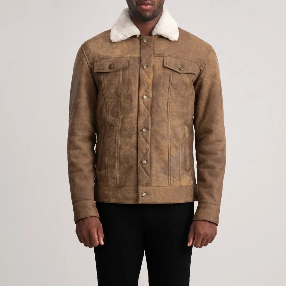 Dallis Distressed Brown Leather Shearling Trucker Jacket - Image 5