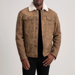 Dallis Distressed Brown Leather Shearling Trucker Jacket