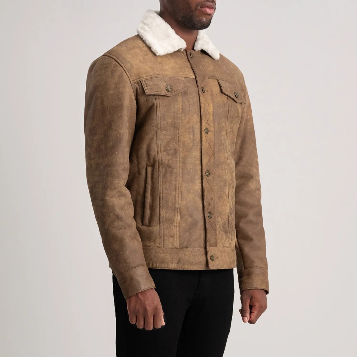 Dallis Distressed Brown Leather Shearling Trucker Jacket - Image 4