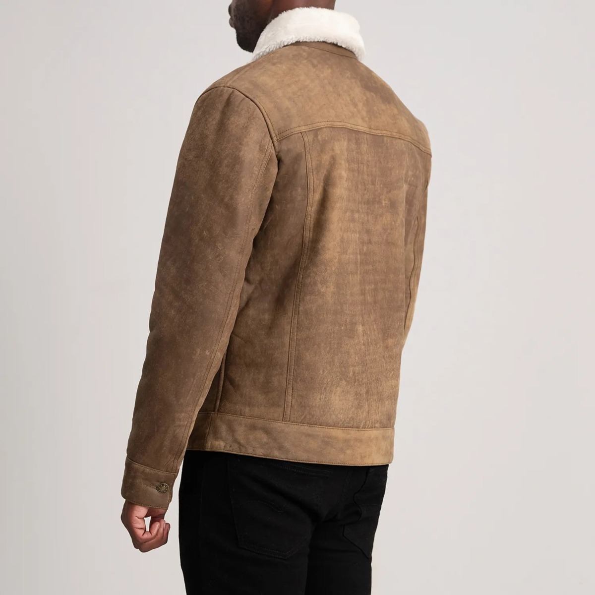 Dallis Distressed Brown Leather Shearling Trucker Jacket - Image 6