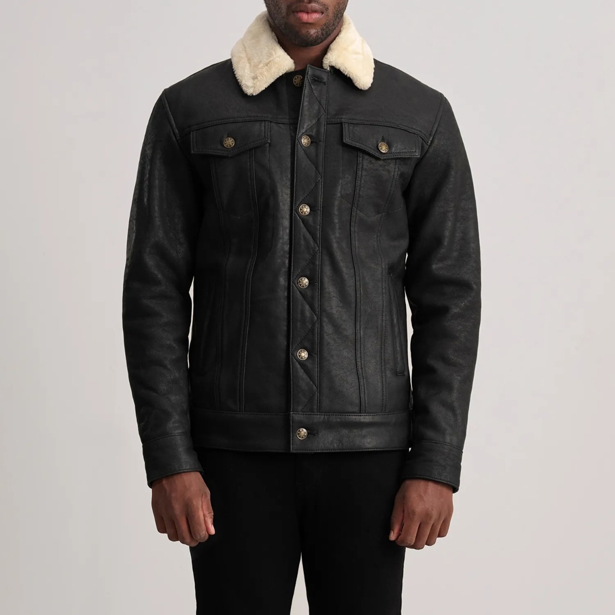 Dallis Distressed Black Leather Shearling Trucker Jacket