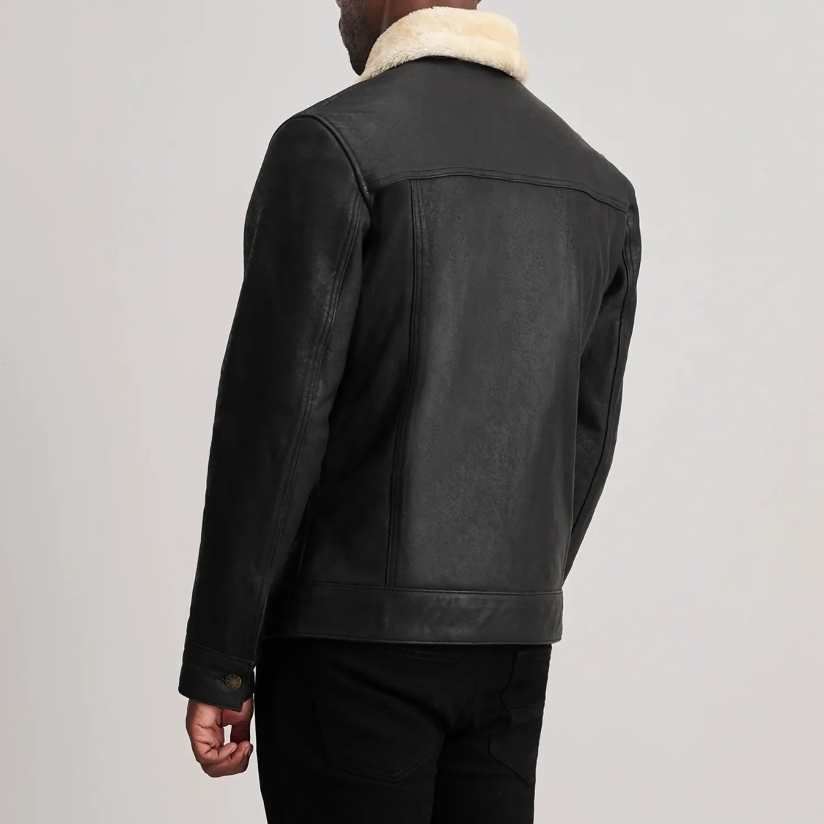 Dallis Distressed Black Leather Shearling Trucker Jacket - Image 5