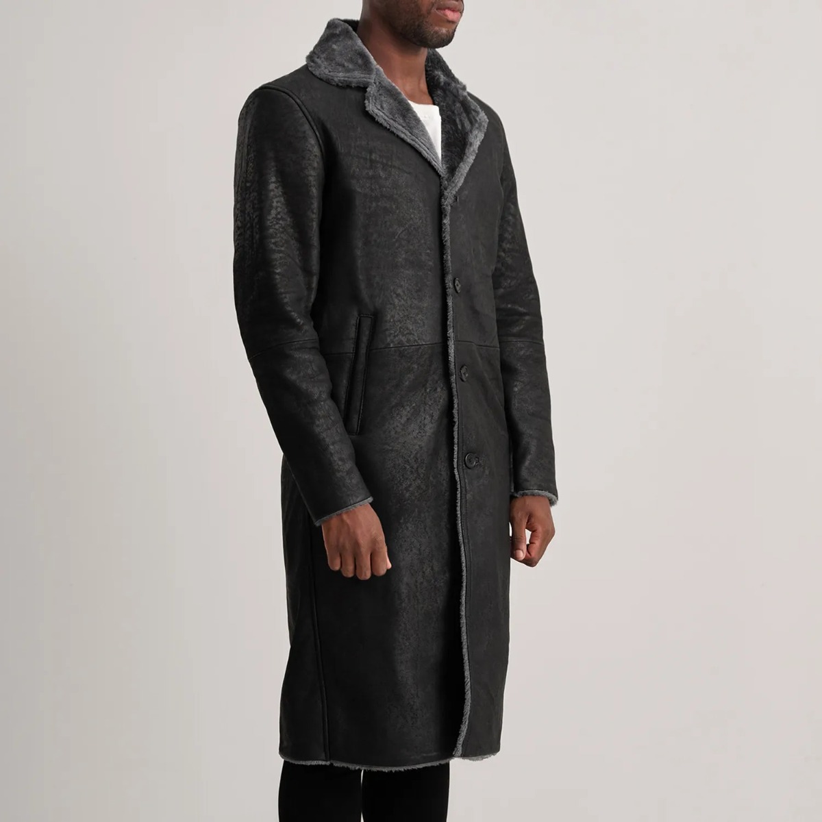 Kolby Distressed Black Leather Shearling Coat - Image 2