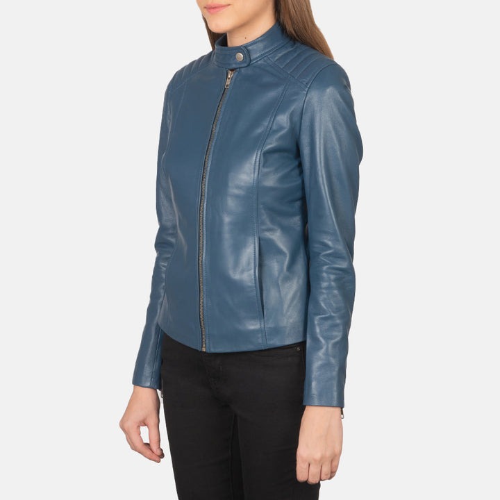Kelsee Blue Leather Biker Jackets - Image 2