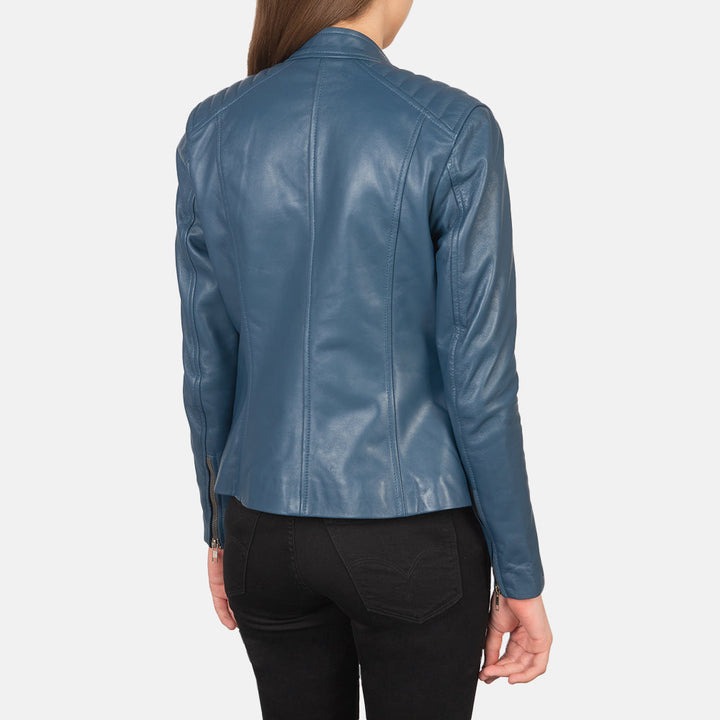 Kelsee Blue Leather Biker Jackets - Image 5