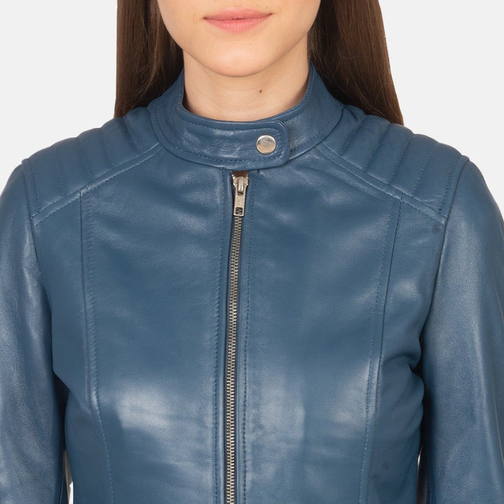 Kelsee Blue Leather Biker Jackets - Image 6