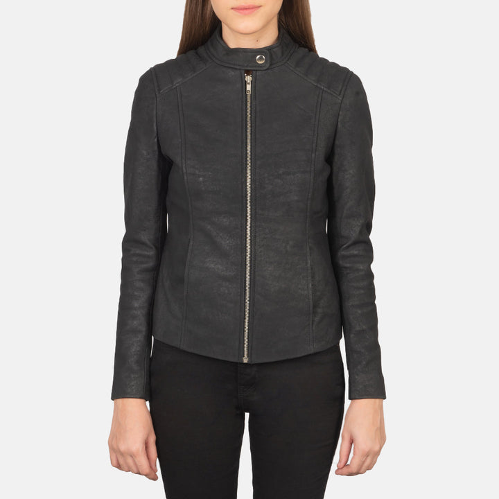 Kelsee Distressed Black Leather Biker Jacket - Image 4