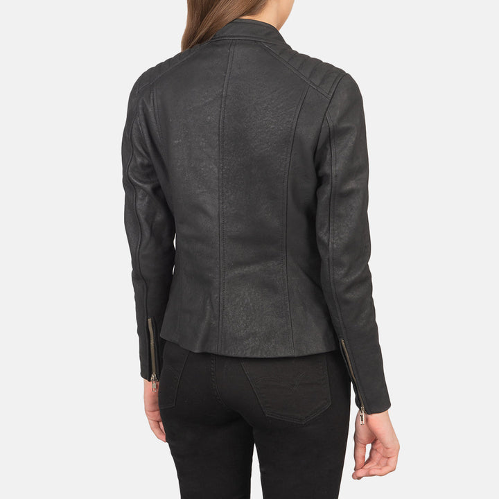 Kelsee Distressed Black Leather Biker Jacket - Image 2