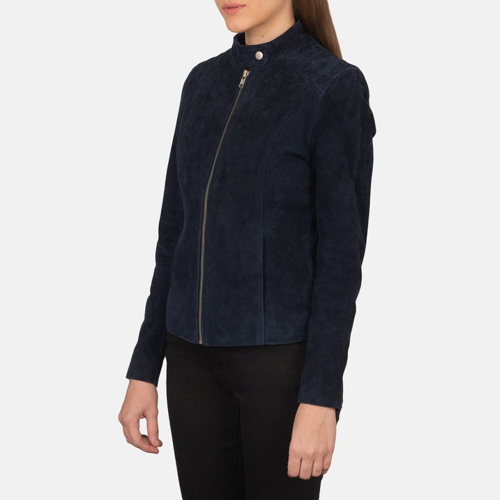 Kelsee Navy Blue Suede Biker Jacket - Image 3