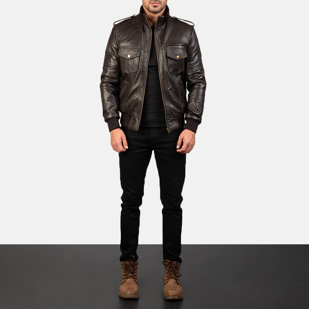 Agent Shadow Leather Bomber Jacket - Image 3