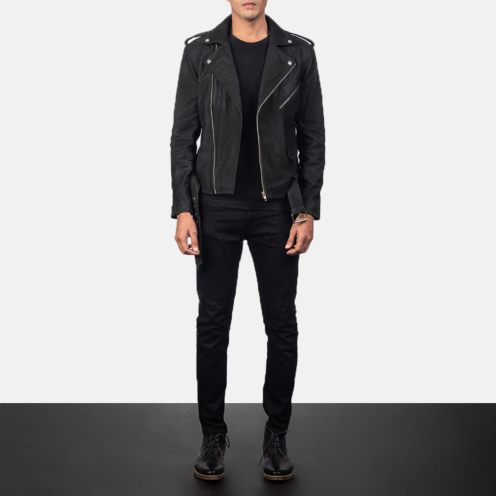 Allaric Alley Distressed Black Leather Biker Jacket - Image 5