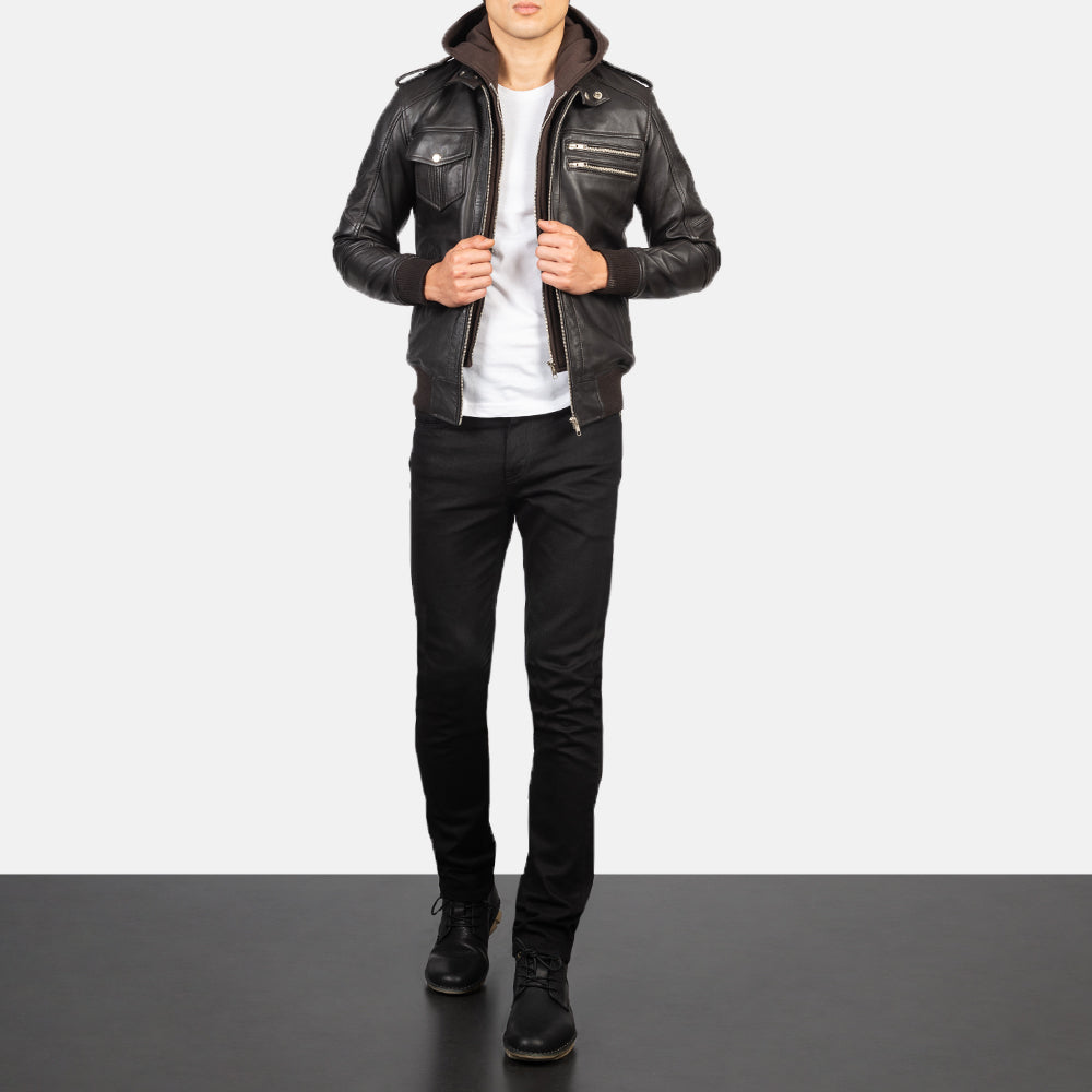 Bravado Brown Hooded Leather Bomber Jacket - Image 2