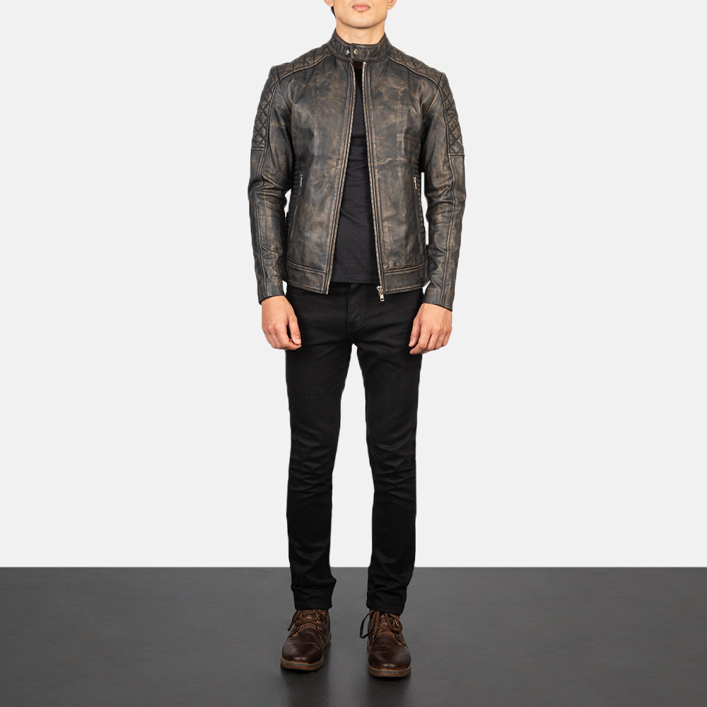 Fernando Quilted Distressed Brown Leather Biker Jacket - Image 4
