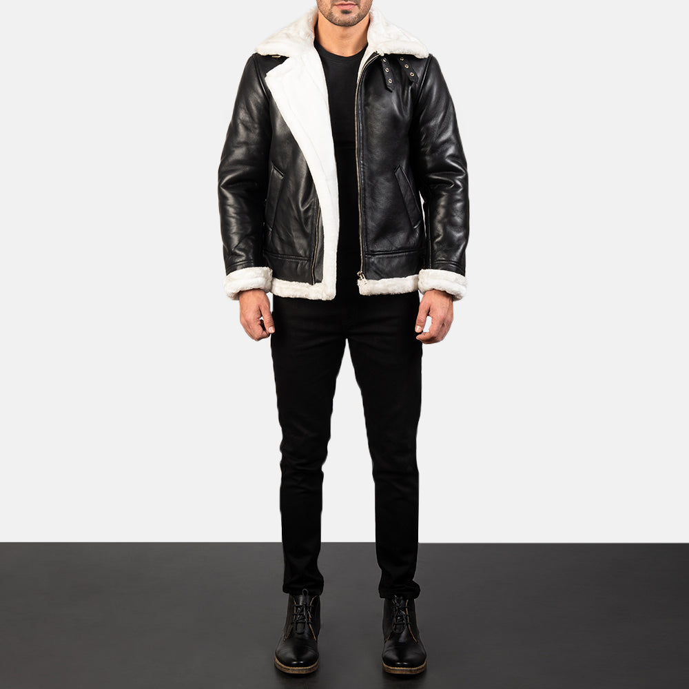 Francis B-3 Distressed Black Leather Bomber Jacket - Image 2