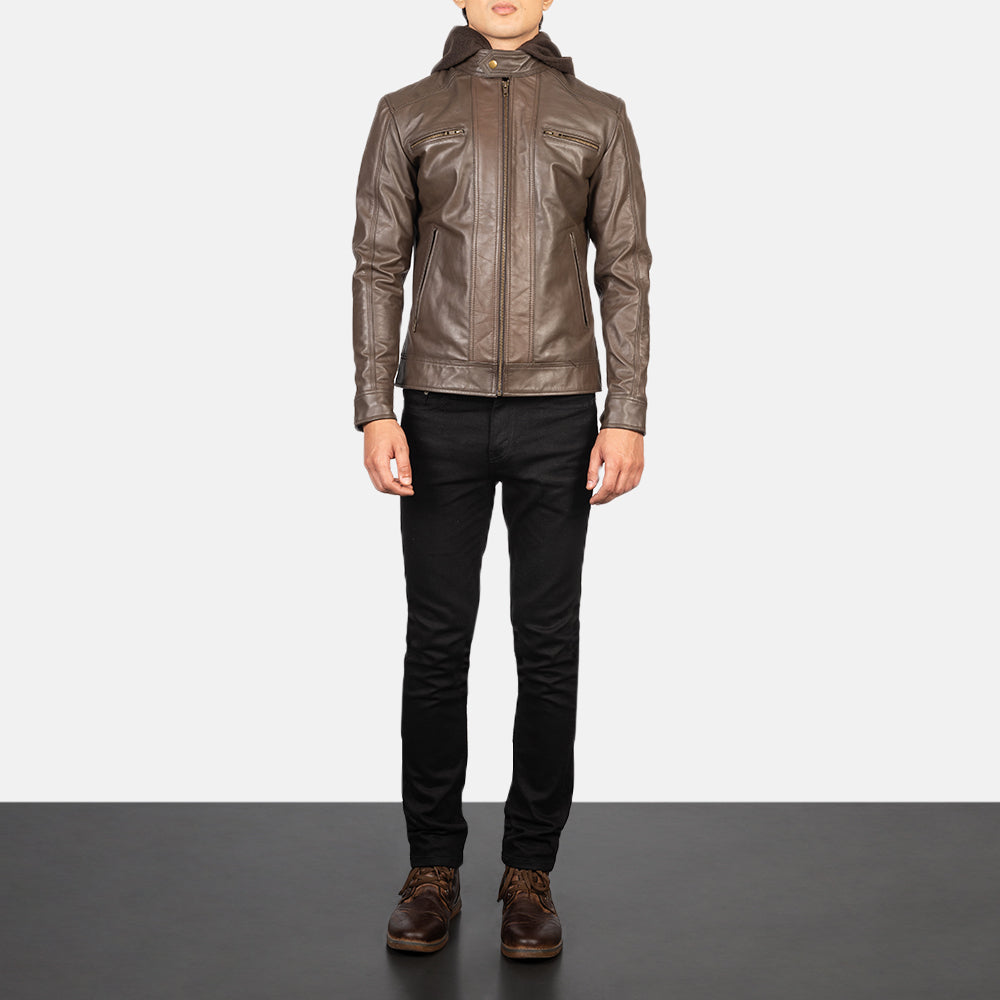 Hector Brown Hooded Leather Biker Jackets - Image 2