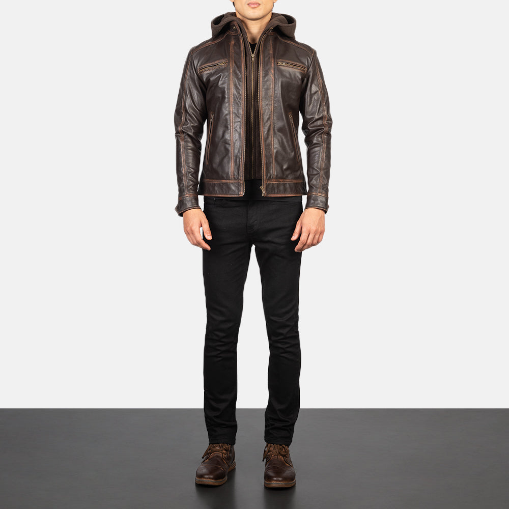 Hector Vintage Brown Hooded Leather Biker Jackets - Image 4