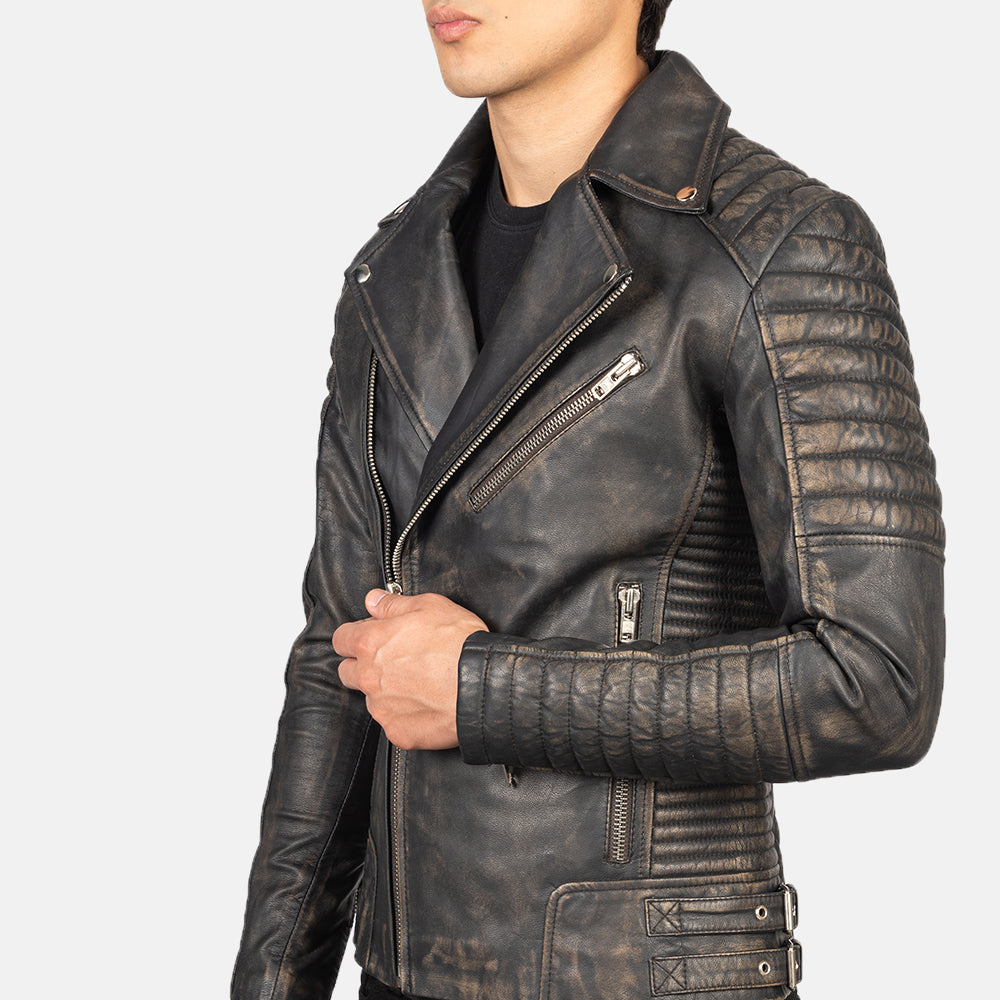 Armand Distressed Brown Leather Biker Jacket - Image 6