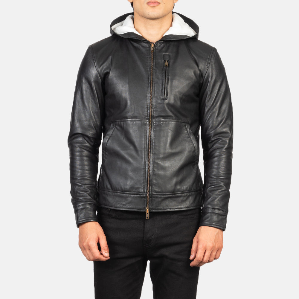 Baston Black Hooded Leather Bomber Jacket - Image 3