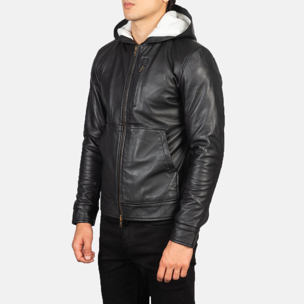 Baston Black Hooded Leather Bomber Jacket - Image 4