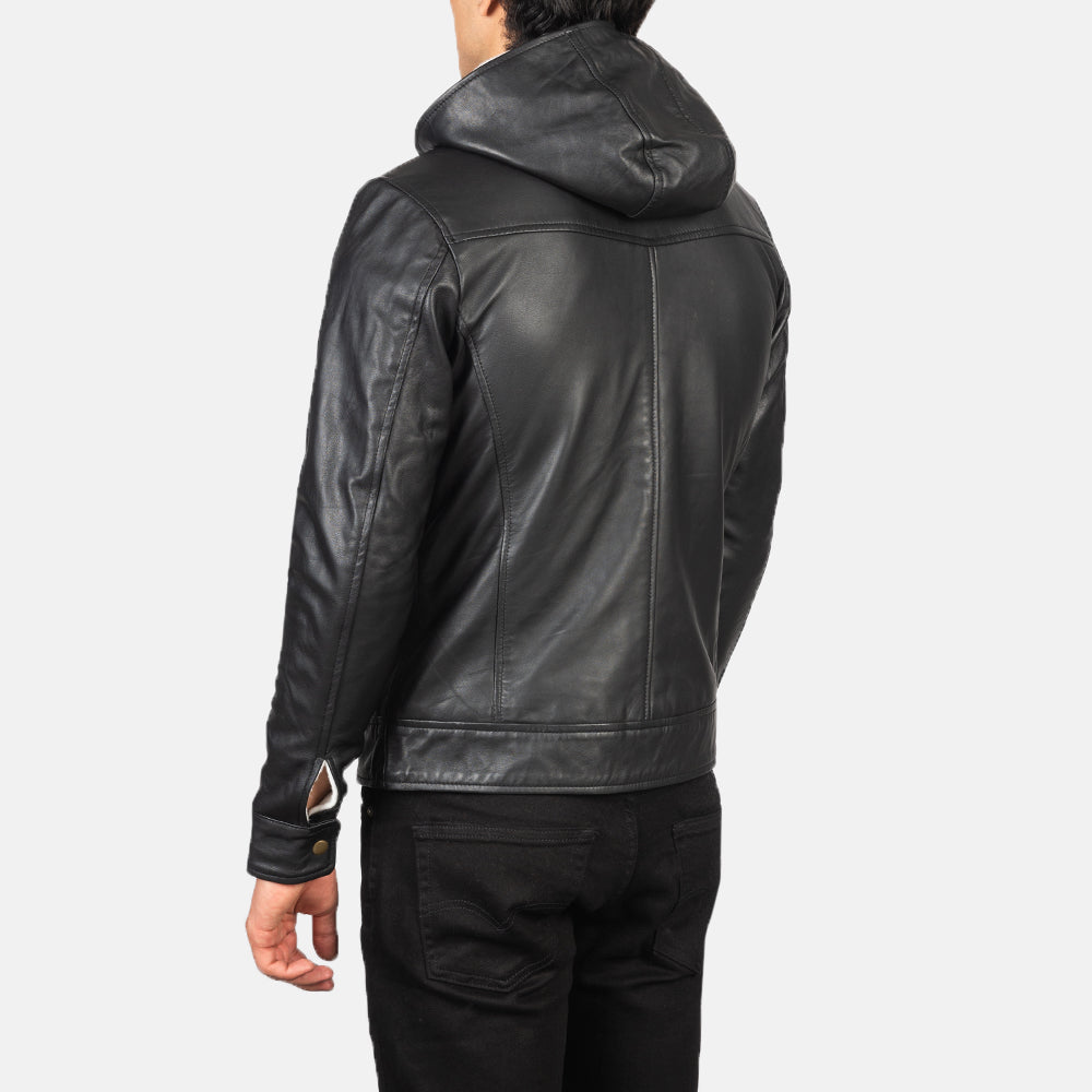 Baston Black Hooded Leather Bomber Jacket - Image 6