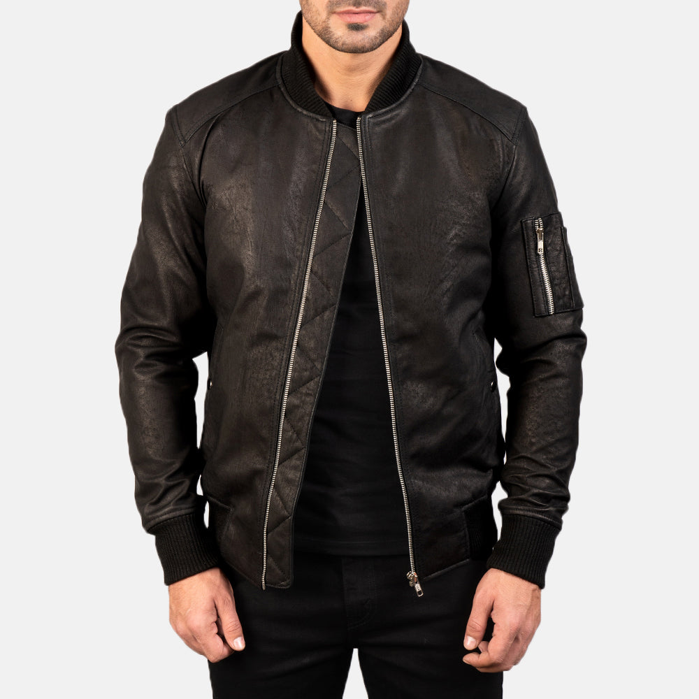 Bomia Ma-1 Distressed Black Leather Bomber Jackets