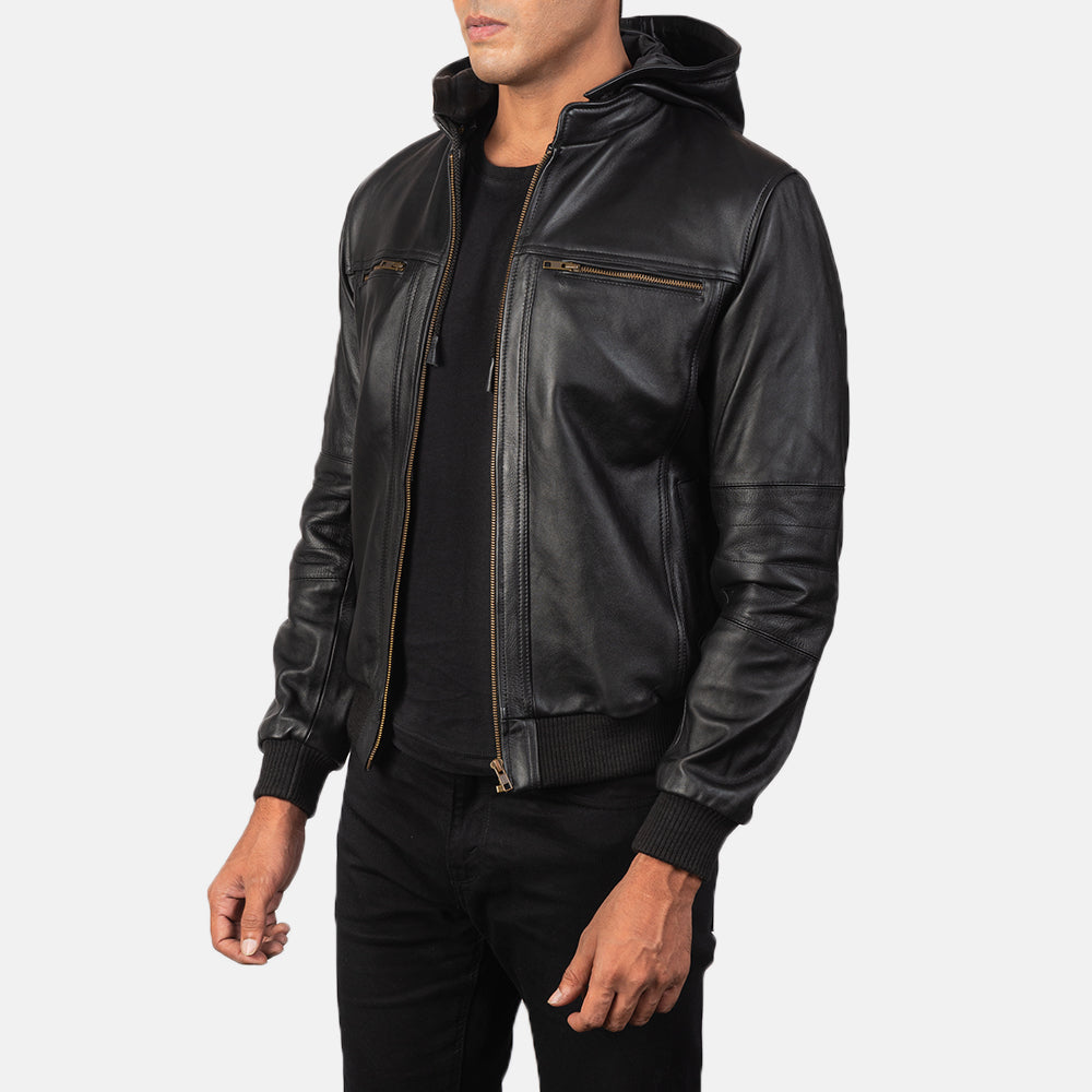 BouncerBiz Black Leather Bomber Jacket - Image 4